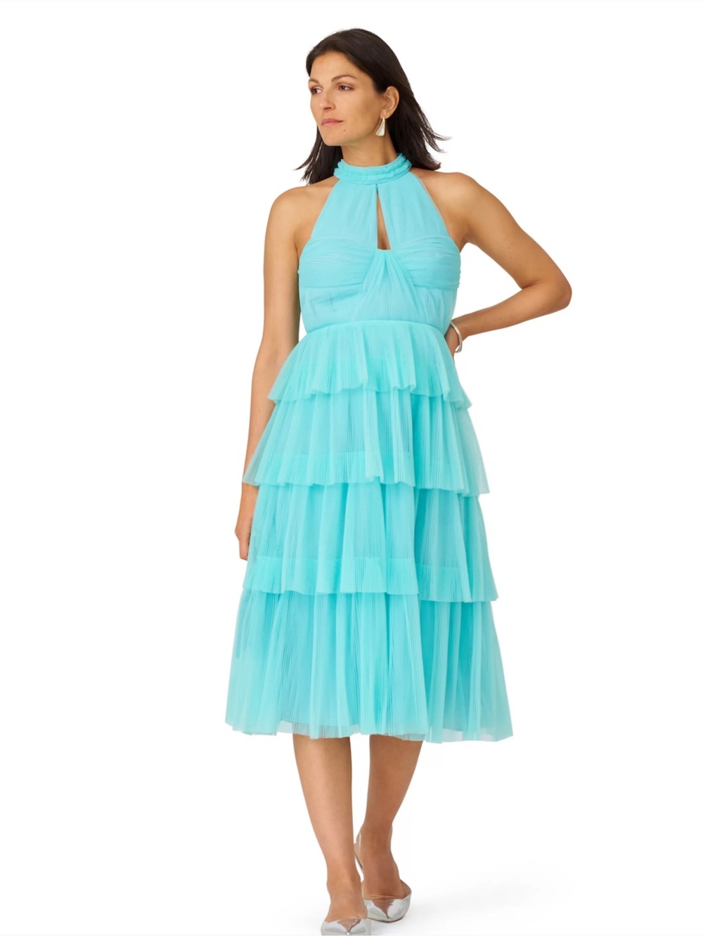 NWT J. Mendel Halter Tiered Turquoise Midi Dress Size 14